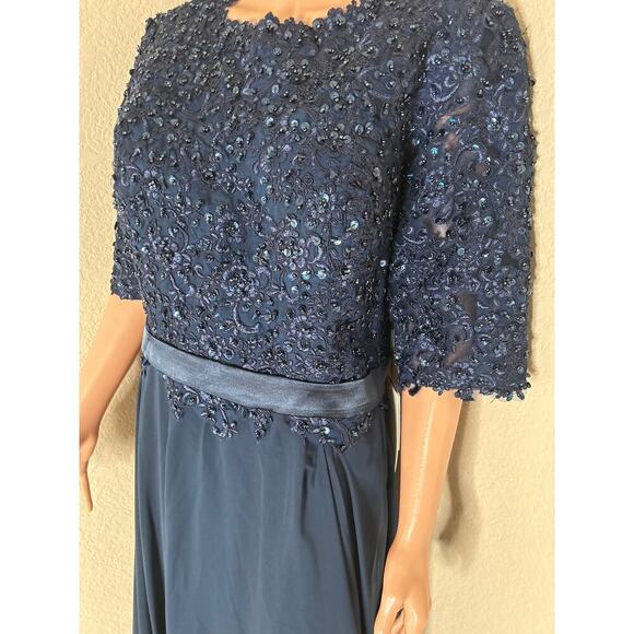 JJ's House A-line Boat Neck Illusion Maxi Lace Chiffon Dress Sequins Navy Blue - Picture 9 of 9